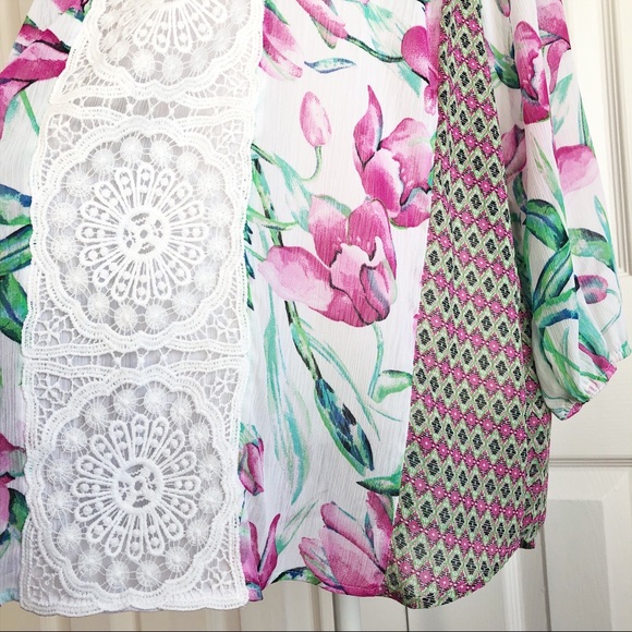 Zac & Rachel Boho Floral Crochet Lace Peasant Blouse Large - Picture 7 of 14